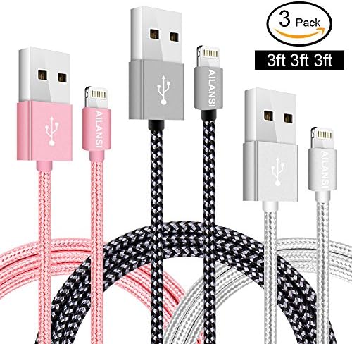Lightning Cable,AILANSI iPhone Charger,3Pack 3ft(1M) to USB Syncing and Charging Cable,Nylon Braided Cord Charger,for iPhone X 8 8Plus 7 7Plus 6 6s 6Plus SE 5S iPad iPod(Blackgray+Silverwhite+Rose)