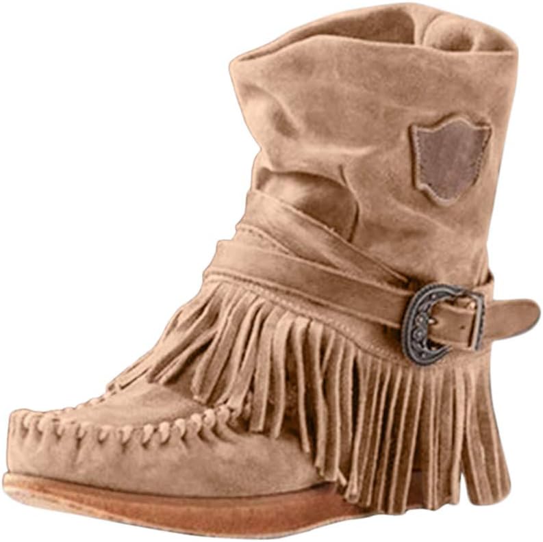 HIMISSU Women's Boots Fashion Snow Boots Casual Round Toe Rome Retro Shoes Fringe Short Ankle Boots Flat Shoes Autumn Winter Boots Solid Color Leather Boots Roman Shoes Outdoor Shoes