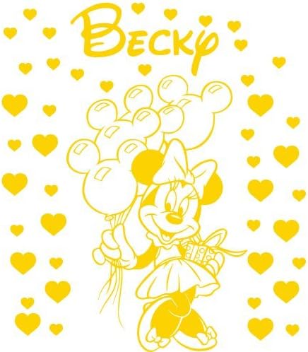 ThatVinylPlace 60 Cm Heigth + 42 Hearts Yellow Personalised Minnie Mouse With Name, Wall Sticker ,Car Vinyl, Any Name, Childs Bedroom