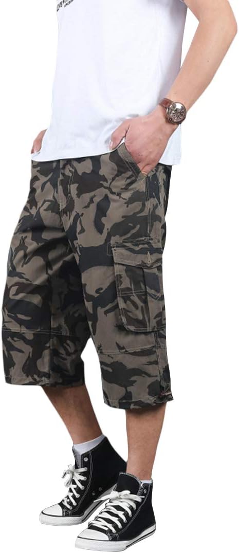 MEYINI Mens Casual 3/4 Shorts Capri Cotton Pockets Sports Shorts Zip Off Breathable Elasticated Waist Running Jogging Fitness