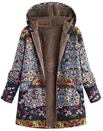 STORTO Womens Winter Warm Coat，Floral Print Hooded Parkas Pockets Vintage Oversize Coats