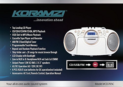 Koramzi Portable CD Boombox Full Range Stereo Sound System w/Top-Loading MP3 CD Player, Cassette Player and Recorder, AM/FM Radio, USB Input, Headphone & AUX Jack w/Remote Control- CD705CWH(White) - Thumbnail 6
