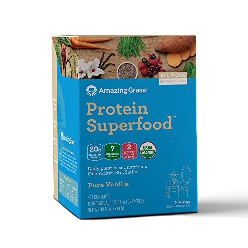 Amazing Grass Protein Superfood: Organic Vegan Protein Powder, Plant Based Meal Replacement Shake with 2 servings of Fruits and Veggies, Pure Vanilla Flavor, 10 Single Serve Packets, 10.9 Ounce