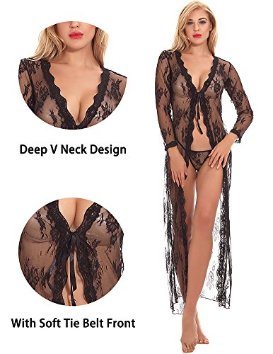 cunlin Women Sexy See Through Lace Gown Kimono Cover Up Sleepwear Set Plus Size Dress Maternity Pregnant Robe Black S