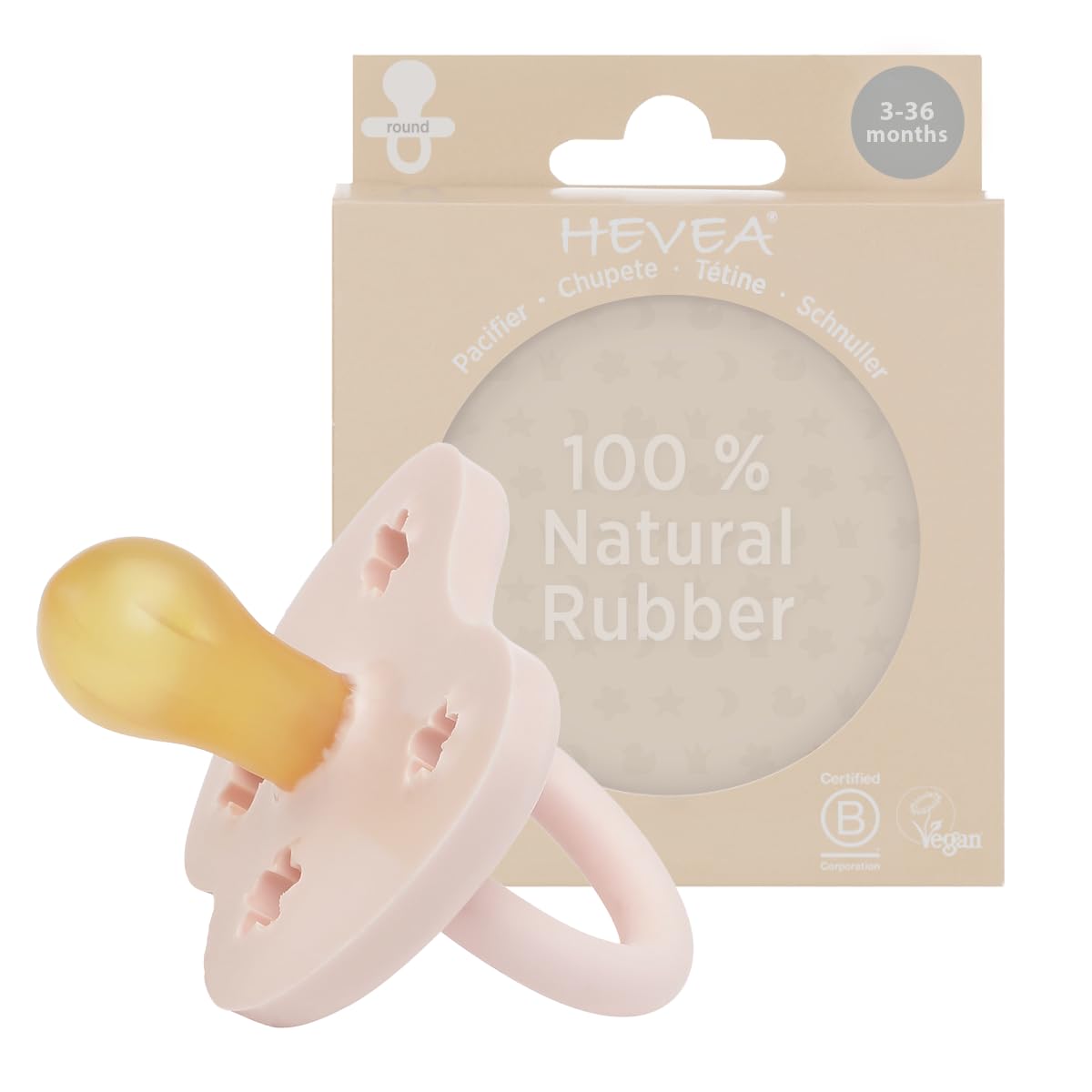 HEVEA Natural Rubber Pacifier Round 3-36 Months – Hygienic One Piece Design for Newborns to Toddlers, BPA-Free, Soft & Durable – Single-Pack (Powder Pink)