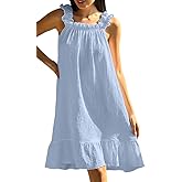 codcm Women's Cotton Gauze Nightgown Sleeveless Ruffle Dress Frill Strap Short House Dress Comfy Sleepdress