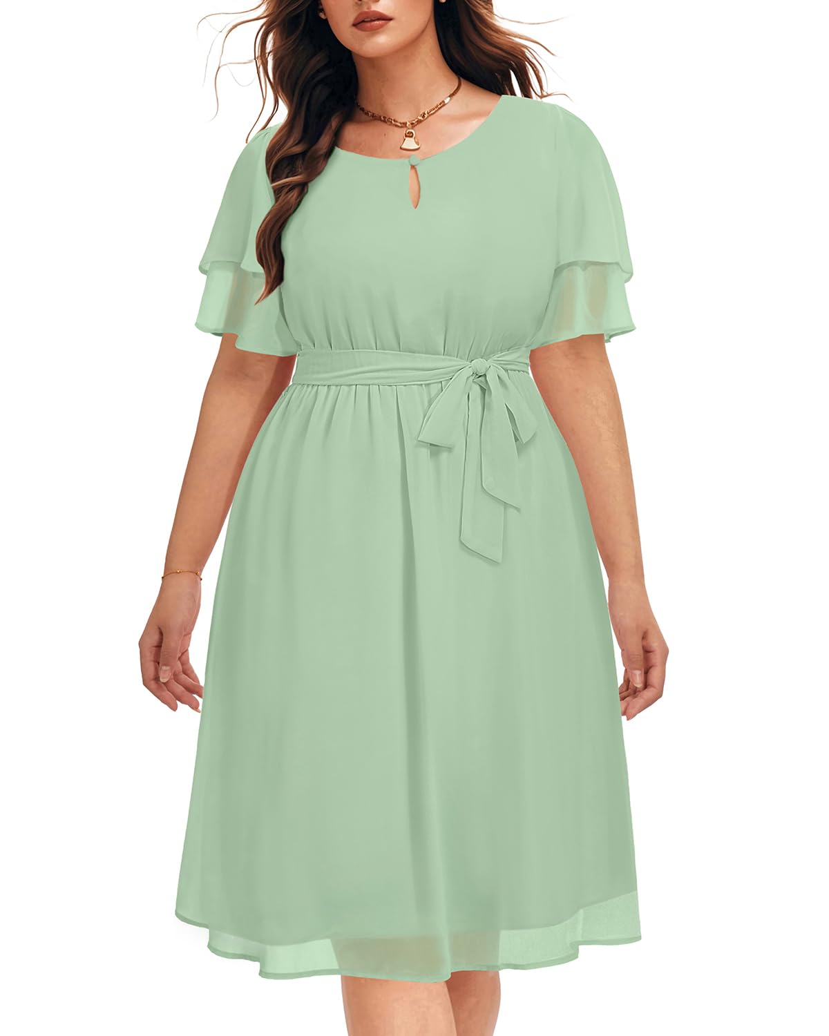 Photo 1 of Women Sage Green Plus Size Dresses Wedding Guest Bridesmaid Mother Bride Chiffon Flowy Keyhole Neck Knee Length Dress size 18w