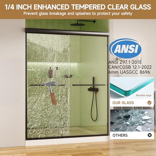 Shower Doors, 56–60'' W x 72'' H Sliding Glass Shower Door, Matte Black Aluminum Frame, 1/4'' (6mm) High-Strength Tempered Glass, for Walk-in Showers