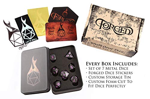 Forged Dice Co. Metal Polyhedral Dice (Set of 7 Polyhedral w/Tin, Iron w/Orchid Numbers Set of 7 Polyhedral w/Tin)