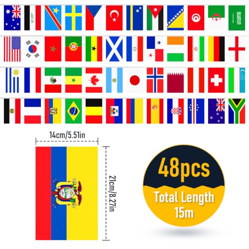 Coicok drapeau coupe du monde 2026, 15m banderole deco coupe du monde 2026, 48 Drapeaux de équipes qualifiées guirlande pour Football Fans Bar Jardin Clubs Sportifs Événements Décorations(14 * 21CM)