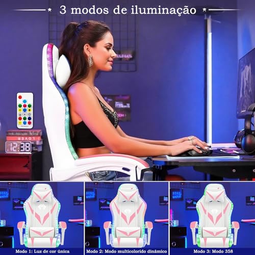 Cadeira Gamer RGB Python Fly com Iluminação Decorativa, Encosto Reclinável, Design Ergonômico para Escritório e Jogos (Rosa)