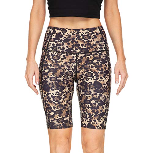 Running Shorts for Women High Waist Pants Yoga Leggings Biker Workout Shorts with 3 Pockets Regular Plus Size (Khaki Leopard Print XS)