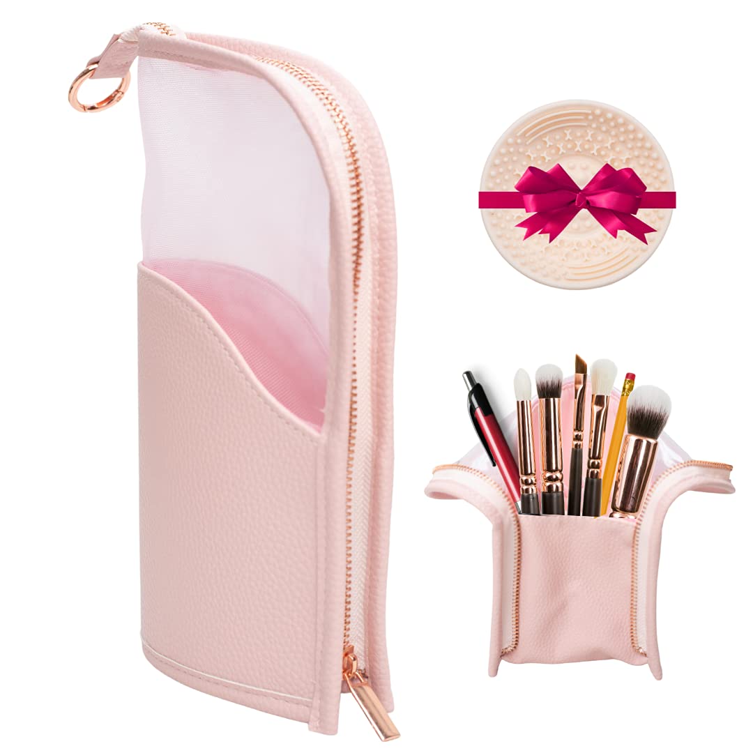 KL-Pink Travel Makeup Brush Bag, Make-up Brushes Holder & Makeup Brush Cleaner- Standup Cosmetic Bag, See-through Top Toiletry/Pencil-Case -Rose Gold
