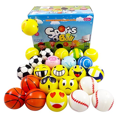 Set of 24 Mini Foam PU Sports Emoji Funny Face Soft Toy Stress Balls Variety Pack for Kids and Adults Party Favors (Assorted Styles)