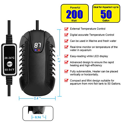 Smart Submersible Aquarium Heater, 200W Mini Fish Tank Heaters with Digital LED Temperature Display& Suction Cup -External Safety Temperature Regulator for 10-50 Gallon Fish/Turtle Tank