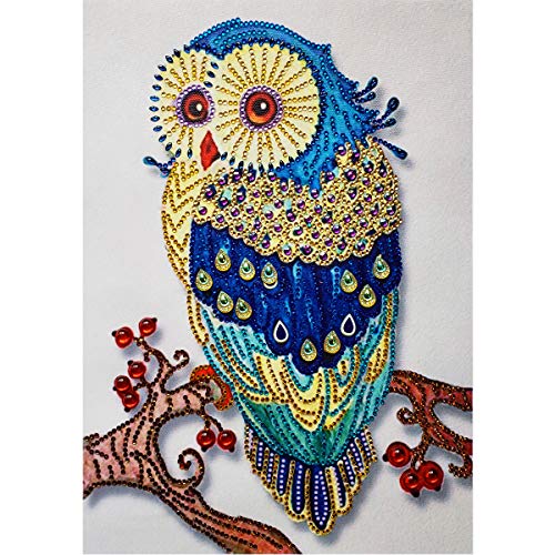 DIY 5D Special Shape Diamond Painting by Number Kit Crystal Rhinestone Round Drill Picture Art Craft Home Wall Decor 12x16In Golden Blue Owl