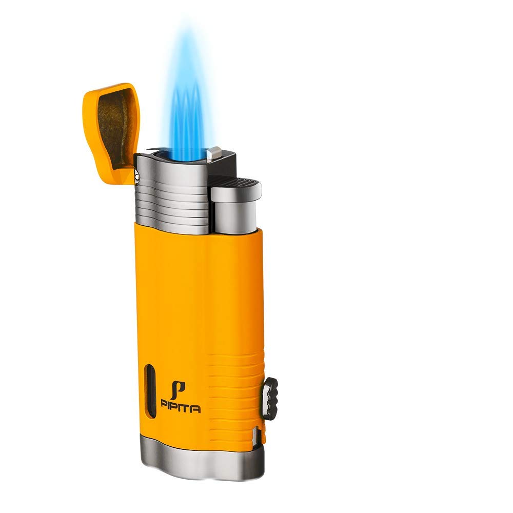 PIPITA Cigar Torch Lighter Windproof Metal Firelighters Triple Jet Flame Refillable Butane Gas Lighter with Punch ﻿Pocket Cigar Lighter for Men Gifts(Without Gas)