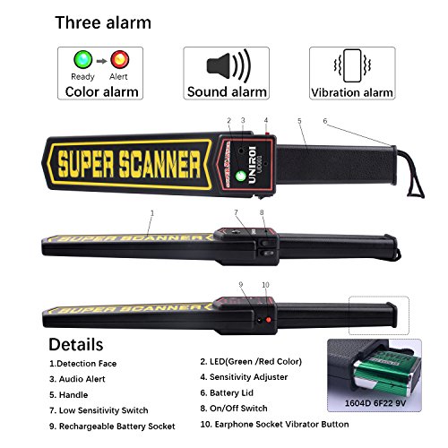 UNIROI Hand Held Metal Detector Wand Security Scanner with 9V Battery, Belt Holster, Adjustable Sensitivity, Optional Sound & Vibration Modes for Airport, Open Port, Frontier, Company Entrance UD001