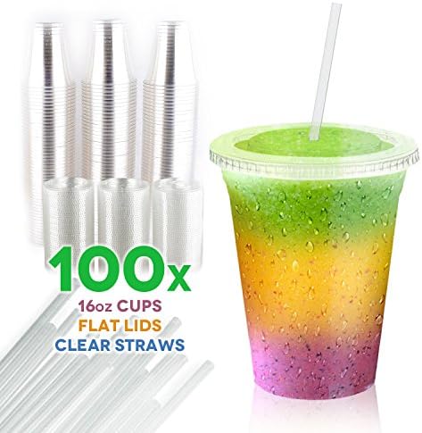Maanic 100 16oz Plastic Cups Set with Flat Lids and Straws for Cold Drinks, Tea, Iced Coffee, Smoothie, and Other Beverages, Crystal Clear Disposable Cups Heavy Duty and Reusable, Perfect for Shops.