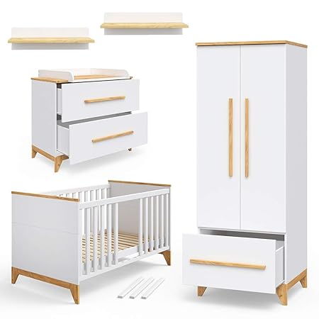 Vicco Babymöbel Set Malia in Naturholz Kinderbett Babybett Umbaubett Kleiderschrank Wickelkommode Wandregal (Weiß, Erle)