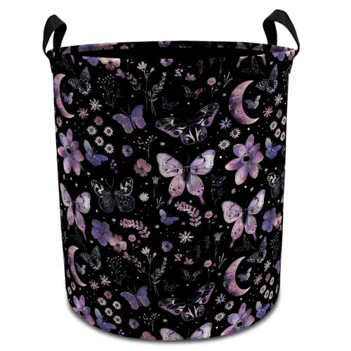 EVIHCG Purple Floral Gothic Butterfly Laundry Basket with Handles, Dark Cottagecore Moon Flower Collapsible Waterproof Laundry Hamper Clothes Storage Basket for Bedroom Bathroom Home at Amazon
