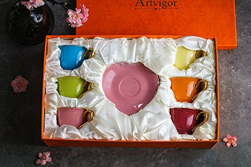 ARTVIGOR Heart Shape Glazed Mixed Color Boxed 150ml / 5.1oz Cup & Saucer Sets, Gift Boxed Coffee and Tea Set Service for 6