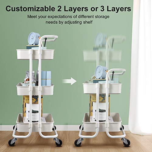 3-Tier Utility Cart, Kitchen Rolling Utility Cart Trolley Storage Shelves with Metal Tubes Lockable Wheels, Easy Assembly Food Service Mesh Basket Cart for Kitchen, Bathroom, Office Paint Storage - Thumbnail 3