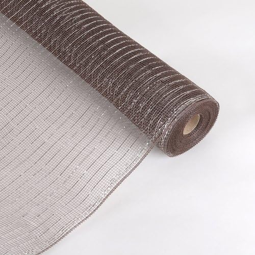 Feuzy Deco Mesh Wrap Metallic Stripes 21 Inch x 10 Yards For Wedding Party Decoration (Brown with Silver)