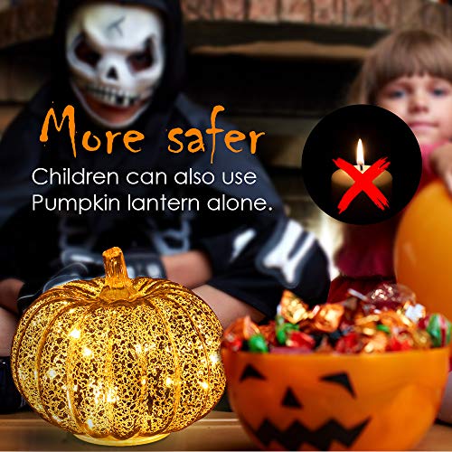 Halloween Pumpkin Lantern Light, Jack o Lantern Decorative Pumpkins Mercury Glass Decor Fall Decorations Led Timer Candles Battery Operated Medium