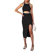 Pink Queen Women's Cutout Crew Neck Sleeveless Tank Slit Ribbed Bodycon Midi Dresses