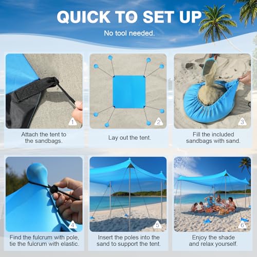 Rhino Valley 3 x 3 m Ultra Stable Portable Beach Tent, UV Protection UPF50+ Super Windproof Beach Tent with 8 Fillable Sand Anchors and 4 Aluminium Rods