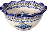 Polish Pottery Ceramika Boleslawiec,  0413/162, Bowl Fala Small, 5 3/4 Cups, Royal Blue Patterns with Blue Pansy Flower Motif