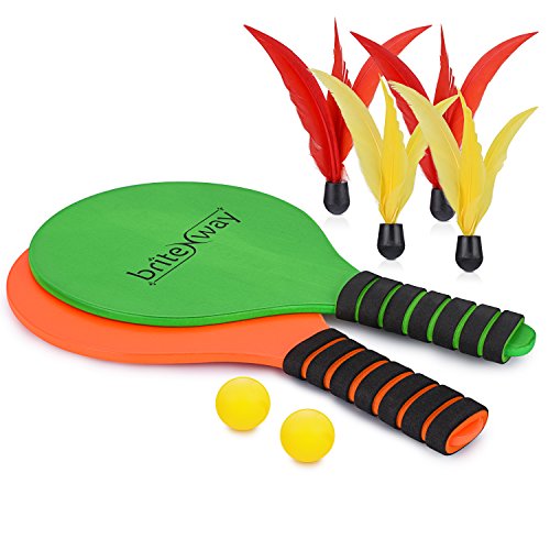 briteNway Paddle Ball Game Bundle With 2 Wooden Racket Paddles, 2 Balls, 4 Shuttlecocks & 1 Carrying Bag â€“ Comfy Grip, Durable Craftsmanship â€“ For Indoors & Outdoors, Beach, Backyard, Garden & More