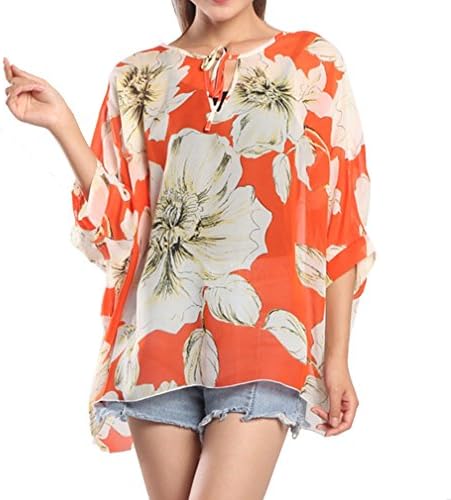 ZATOGOO Women's Floral Printed Batwing Sleeve Round Neck Flower Sheer Top (Watermelon Red)