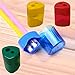 Mega Set Of 12 Double Hole Triangular Shaped Pencil Sharpener With Cover and Receptacle! Comes In 4 Colors- Red, Blue, Yellow, and Green!