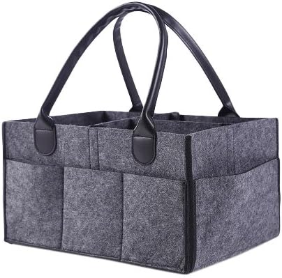 Mumsycare Diaper Caddy - Car Travel Bag - All In One Changing Station For Newborn and Tott - Grey Felt Organizer with Black Leather Handles - 8 Pouches On Side Storage Holder for Small Baby Toys