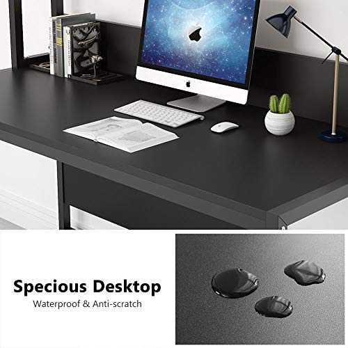 Tribesigns 55" Large Computer Desk with Hutch, Modern Writing Desk with Bookshelf, PC Laptop Study Table Workstation for Home, Black + Black Legs