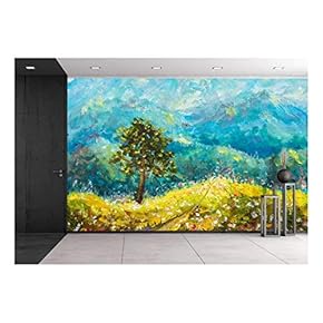 Colorful Mountains Oil Painting. Sunny Road in Mountains - Removable Wall Mural | Self-Adhesive Large Wallpaper - 66x96 inches