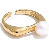 QueenBee 14K Gold and Silver Plated Pearl Ring – Adjustable Open Band, Minimalist Statement Ring, Modern Asymmetric Design, Elegant High-Polish Unique Pearl Jewelry, Trendy Gift for Her, Jewelry Gift for Birthdays, Mother's Day, Holidays