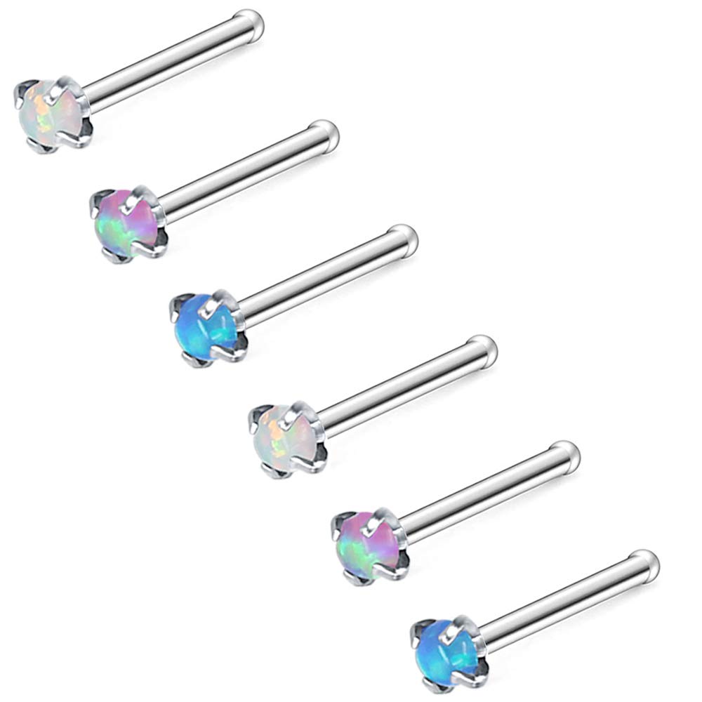 5-9 Pieces Blue Opal Nose Studs 20 Gauge Nose Pin L-Shape Nose Piercing Stud Stainless Steel Nose Stud Retainer