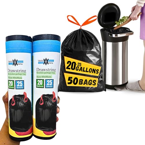 VESTA VITA - 60 * 80cm Black - pack of 2 rolls 50pcs - 20-25 Gallon Medium Garbage bag for home and office - Garbage bag small for kitchen use - Drawstring Trash bags - Plastic bags with handles