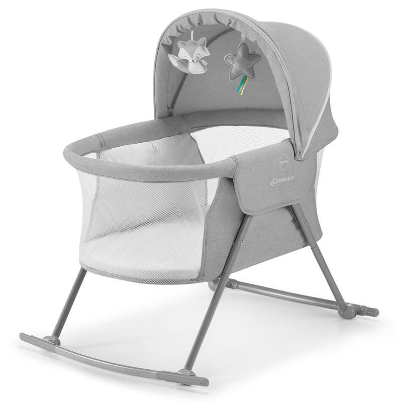 kk Kinderkraft LOVI Cuna bebé con colchón 3 en 1, Cuna mecedora, Cuna de viaje, Plegable en 5 segundos, Mosquitera, 2 juguetes y Bolsa de viaje incluye, Buena Circulación de Aire, Gris