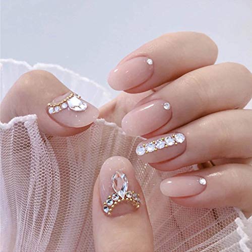 Yalice 24Pcs Pink Glossy False Nails Crystal Full Cover Medium Oval Fake Nails Nude Wedding Party Nail for Women and Girls