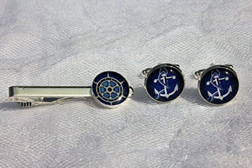 Blue Anchor Cufflinks and Wheel Tie Clip Set, Nautical Cufflinks and Tie Clip Set