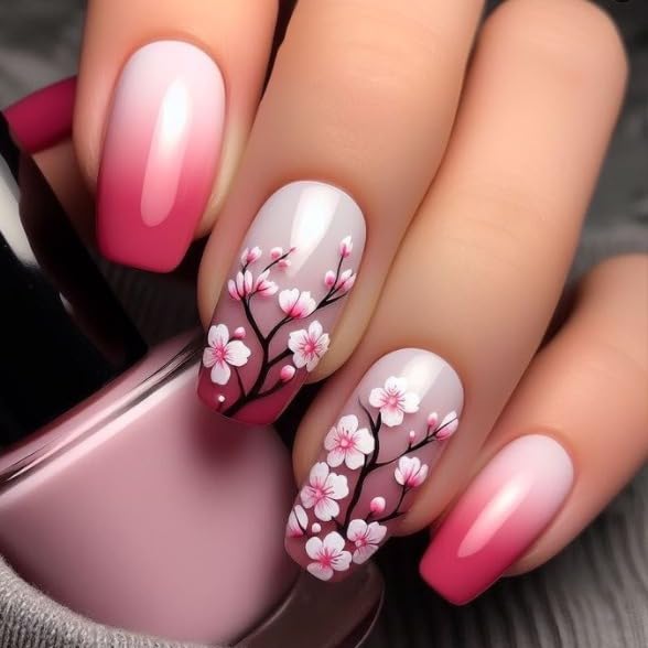 Photo 1 of 24 PCS Flower Press on Nails Medium Square Pink White Gradient Fake Nails with Design Peach Blossom Fake Nails Glue on Nails Spring Summer Floral Artificial Nails for Women Girl Nail Decoration