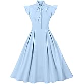 Women Cap Sleeve 1950s Retro Vintage Cocktail Swing Dresses Buttons Bow Tie Neck Office Wear to Work Dress Retro Rockabilly Prom Dresses 50s Style Christmas Dresses for Women Holiday Dress Lake Blue S
