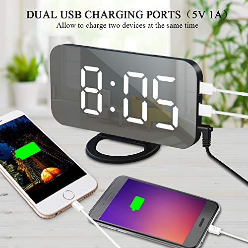 GLOUE Alarm Clock with USB Charger, Digital Alarm Clocks for Bedrooms Large Mirror Surface, Easy