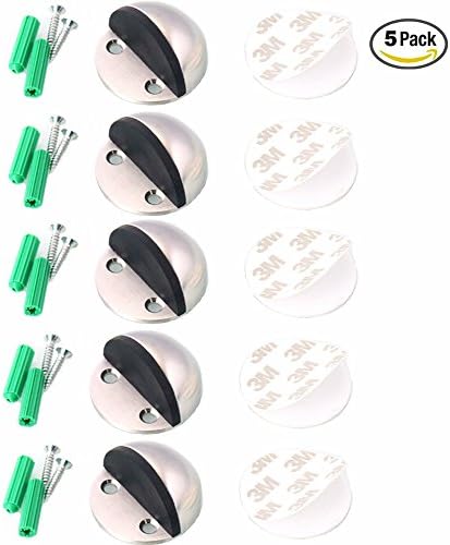 Floor Door Stoppers - EvaGO Stainless Steel Safety Door Stopper with Rubber Bumper, Floor Mounted Doorstop with Hardware Screws and 3M Adhesive, Heavy Duty Brushed Finish Door Stop (5)