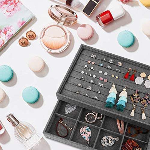 Mebbay Sackcloth Stackable Jewelry Trays Organizer Set with Clear Lid, Jewelry Storage Display Trays for Drawer, Earring Necklace Bracelet Ring Organizer - Set of 4 (Grey-Black) - Thumbnail 6