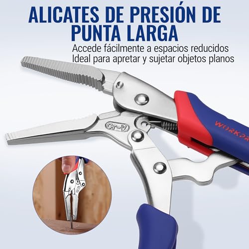 WORKPRO 3 Piece Set of Locking Pliers Pressure Pliers Cr-V Steel, Curved Jaw 18 cm and 25 cm, Straight Jaw 16.5 cm